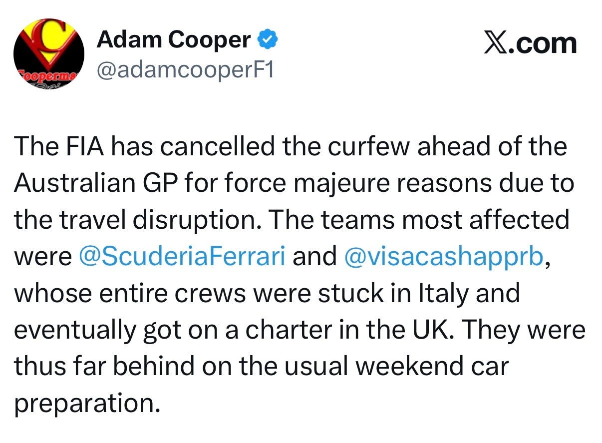 国际汽联取消澳大利亚大奖赛赛前宵禁，法拉利小红牛车队包机赶赴