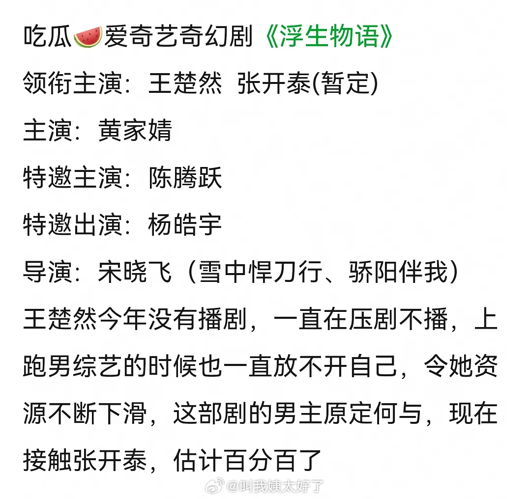 王楚然张开泰主演《浮生物语》引关注