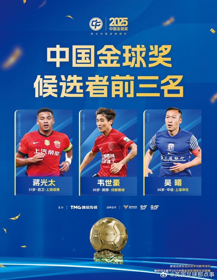 2025中国金球奖三强揭晓，蒋光太、韦世豪、吴曦入围