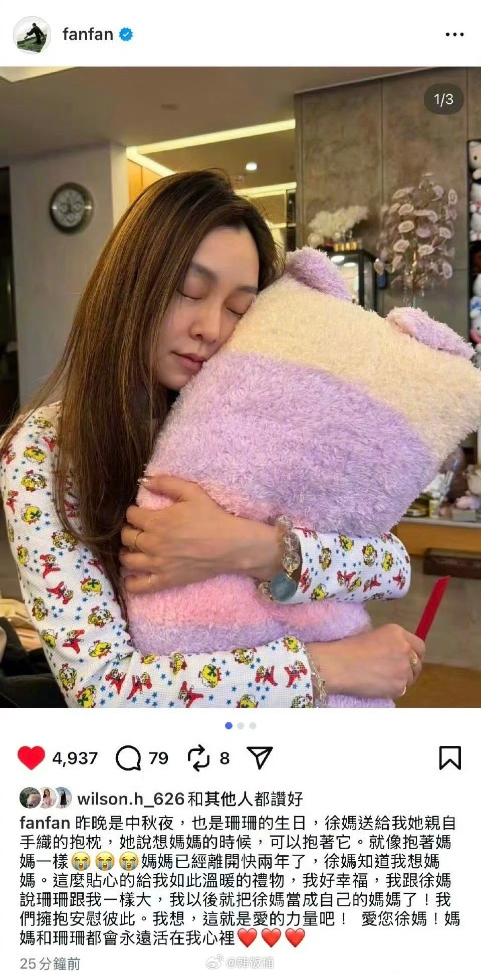 s妈中秋赠范玮琪自制抱枕，范玮琪认徐妈作母