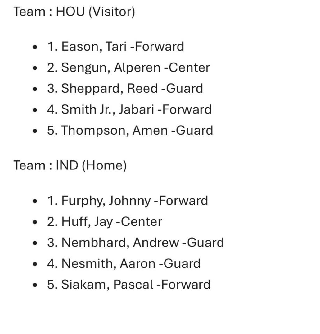 火箭战步行者首发公布，杜兰特因伤缺席