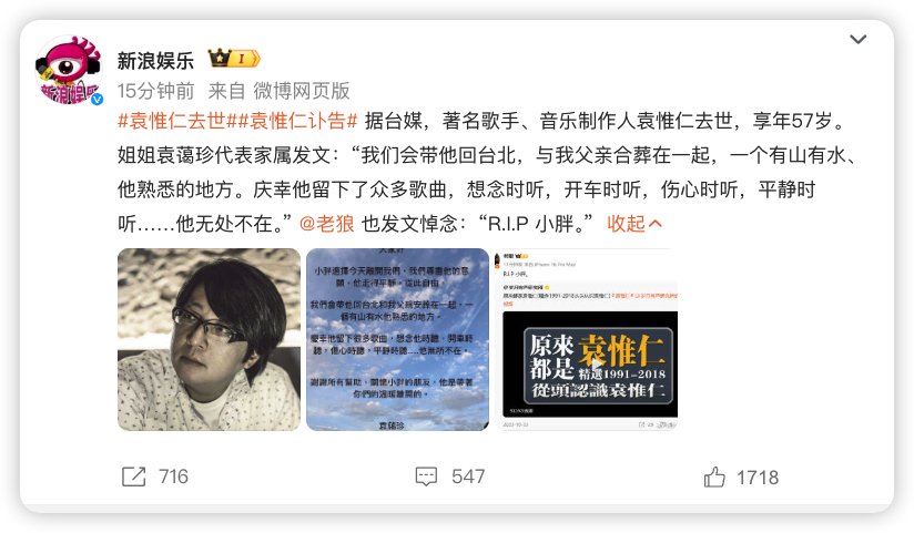 音乐人袁惟仁病逝，曾创作征服、旋木等经典作品