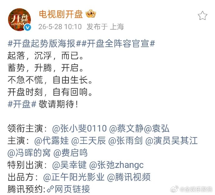 张小斐蔡文静袁弘领衔主演新剧《开盘》全阵容官宣