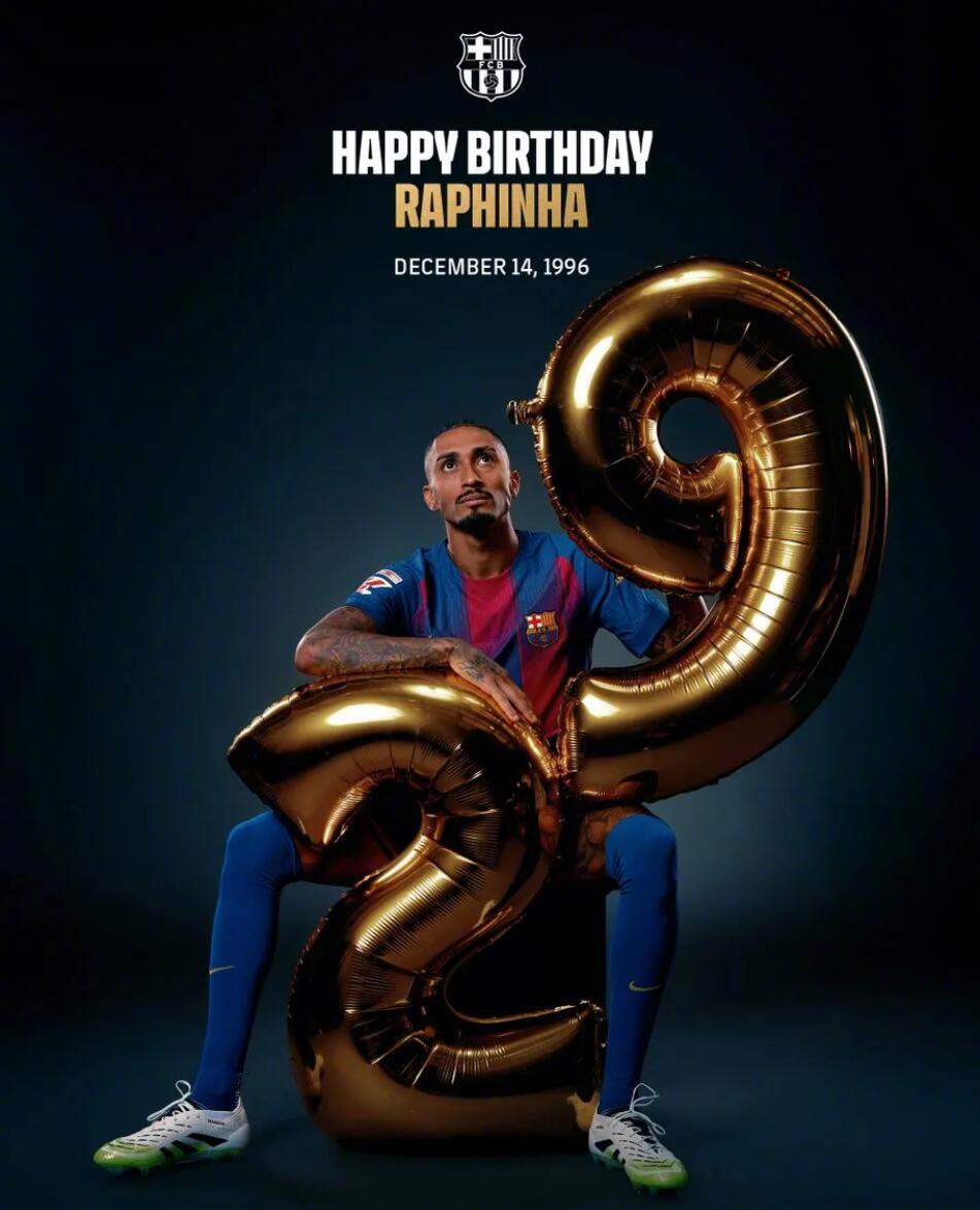 巴萨官方祝福拉菲尼亚29岁生日，157场造114球助队夺双冠