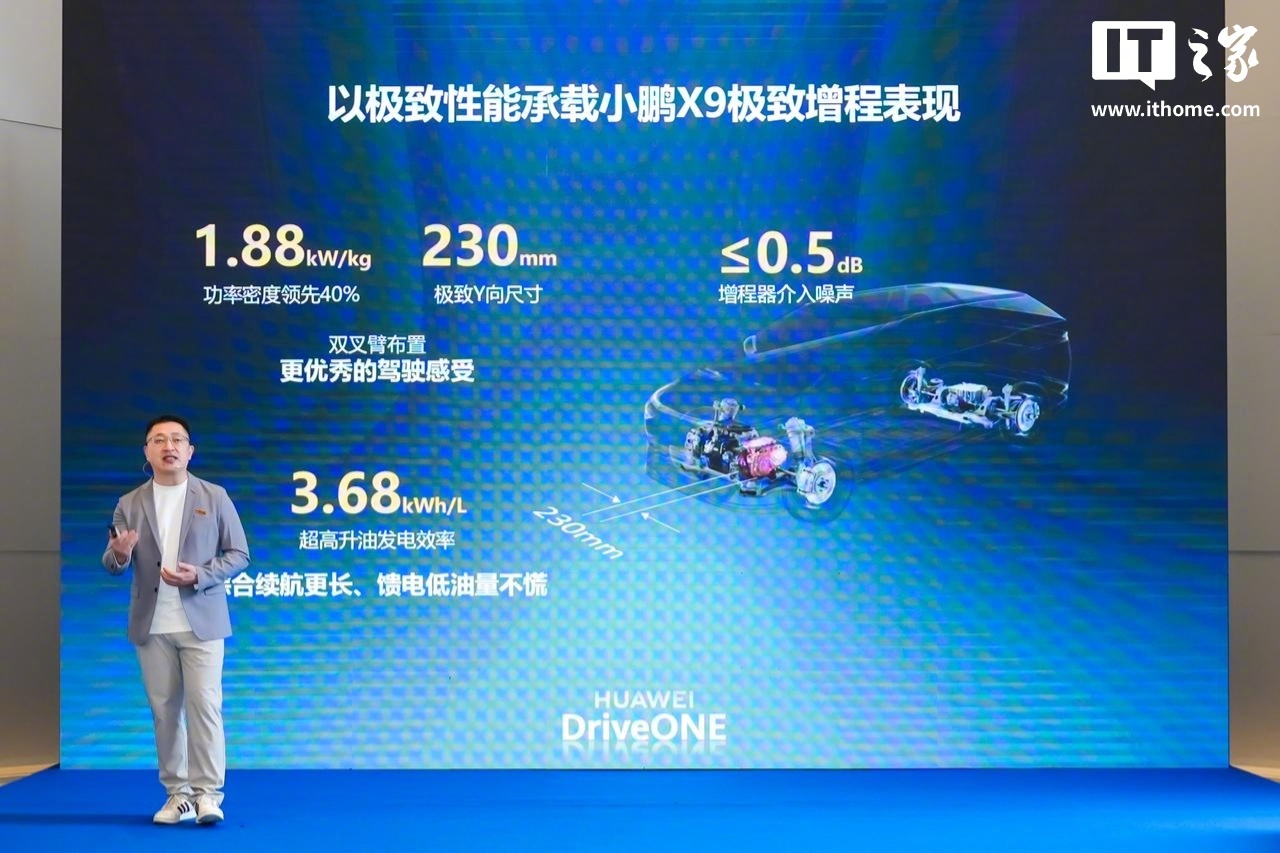 小鹏X9全球首发华为DriveONE增程发电机，功率密度1.88kW/kg