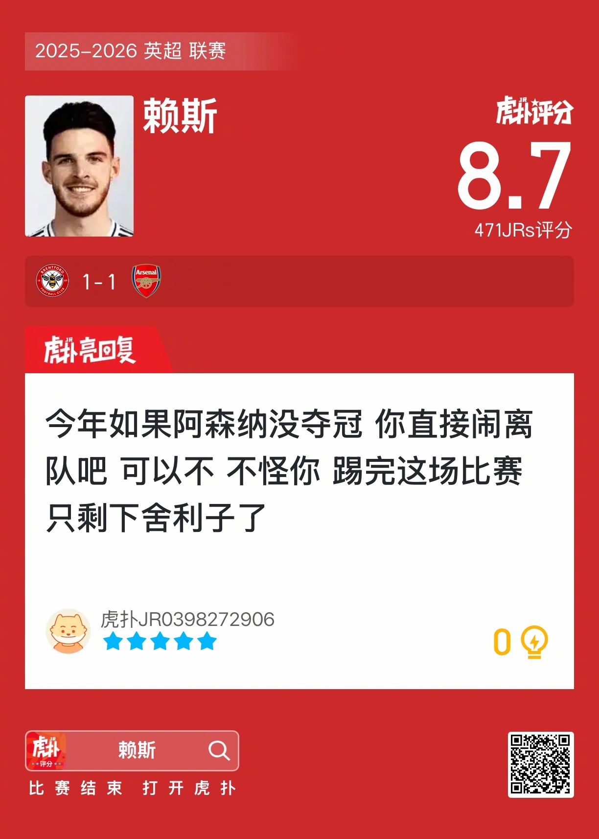 布伦特福德1比1战平阿森纳，赖斯获评8.7分