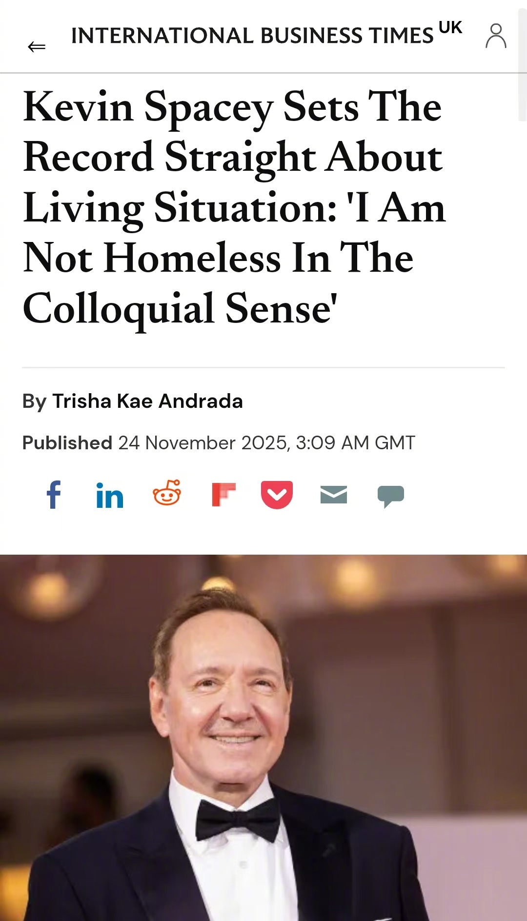 凯文史派西否认无家可归，指责媒体标题党