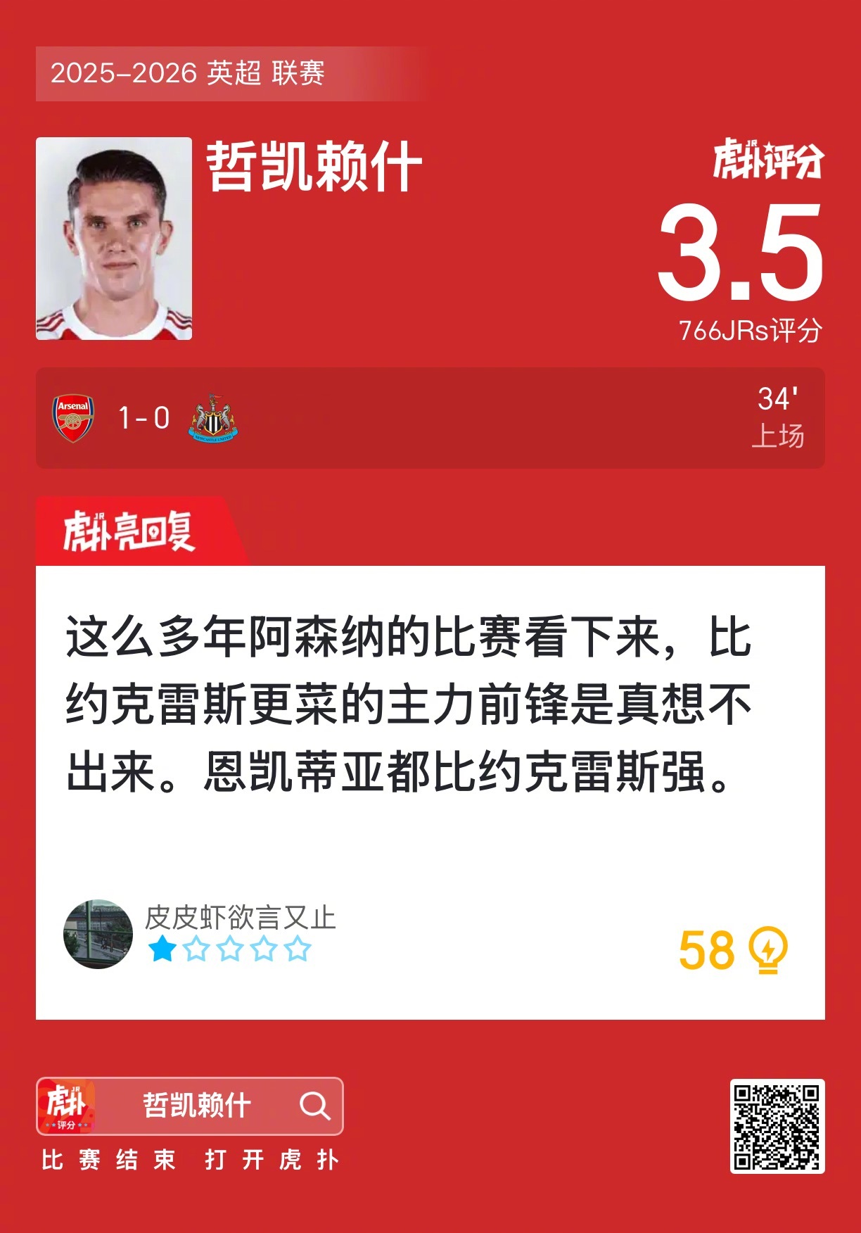 阿森纳1比0胜纽卡斯尔，哲凯赖什获虎扑3.5分