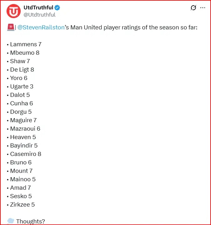 曼联球员赛季评分出炉，德里赫特卡塞米罗8分最高