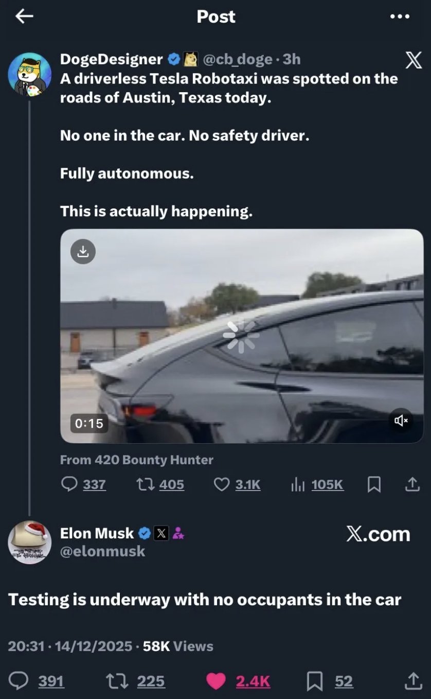 特斯拉测试无安全员无人驾驶出租车，马斯克证实