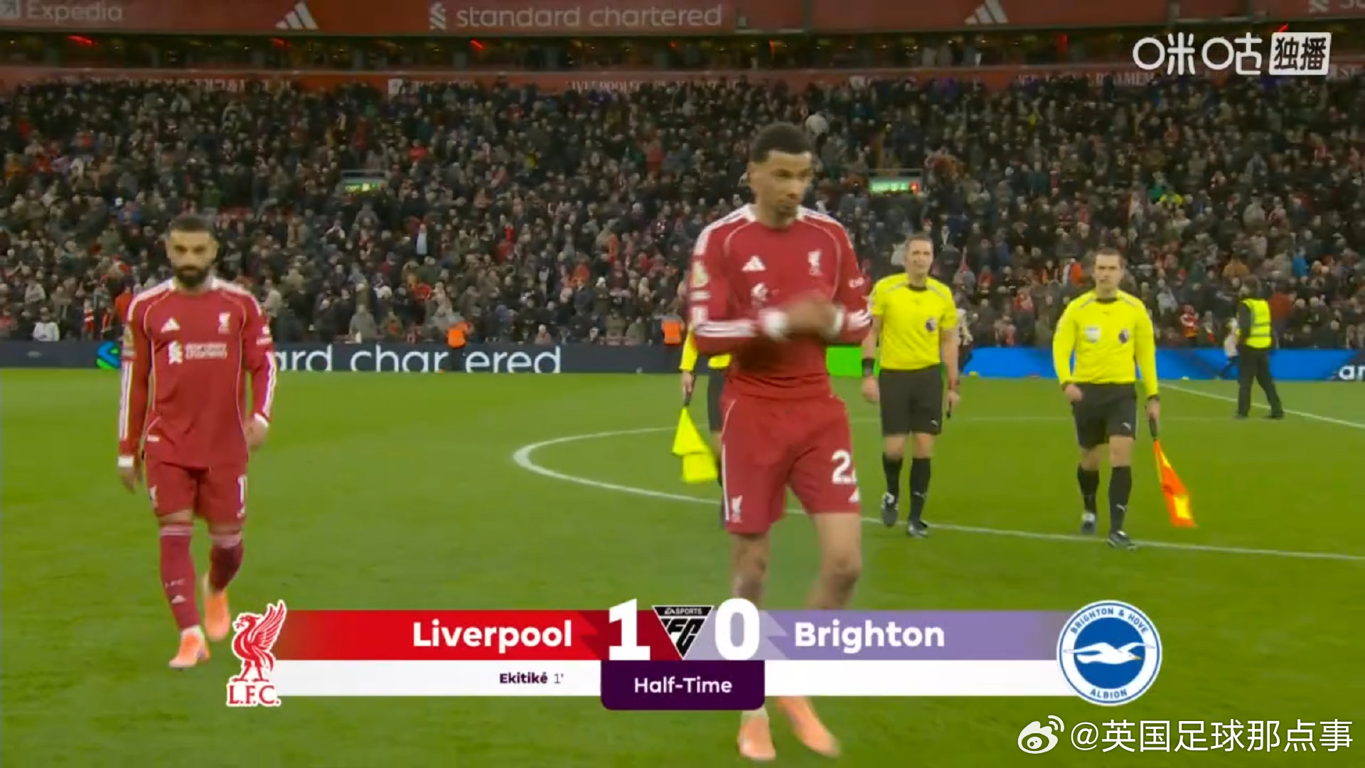 英超半场利物浦1-0领先布莱顿