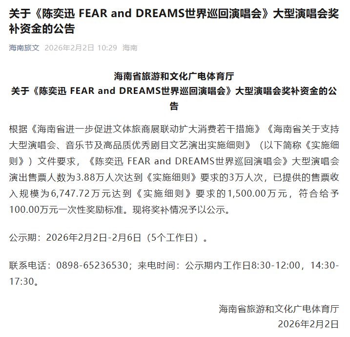 海南拟奖励陈奕迅100万张学友50万