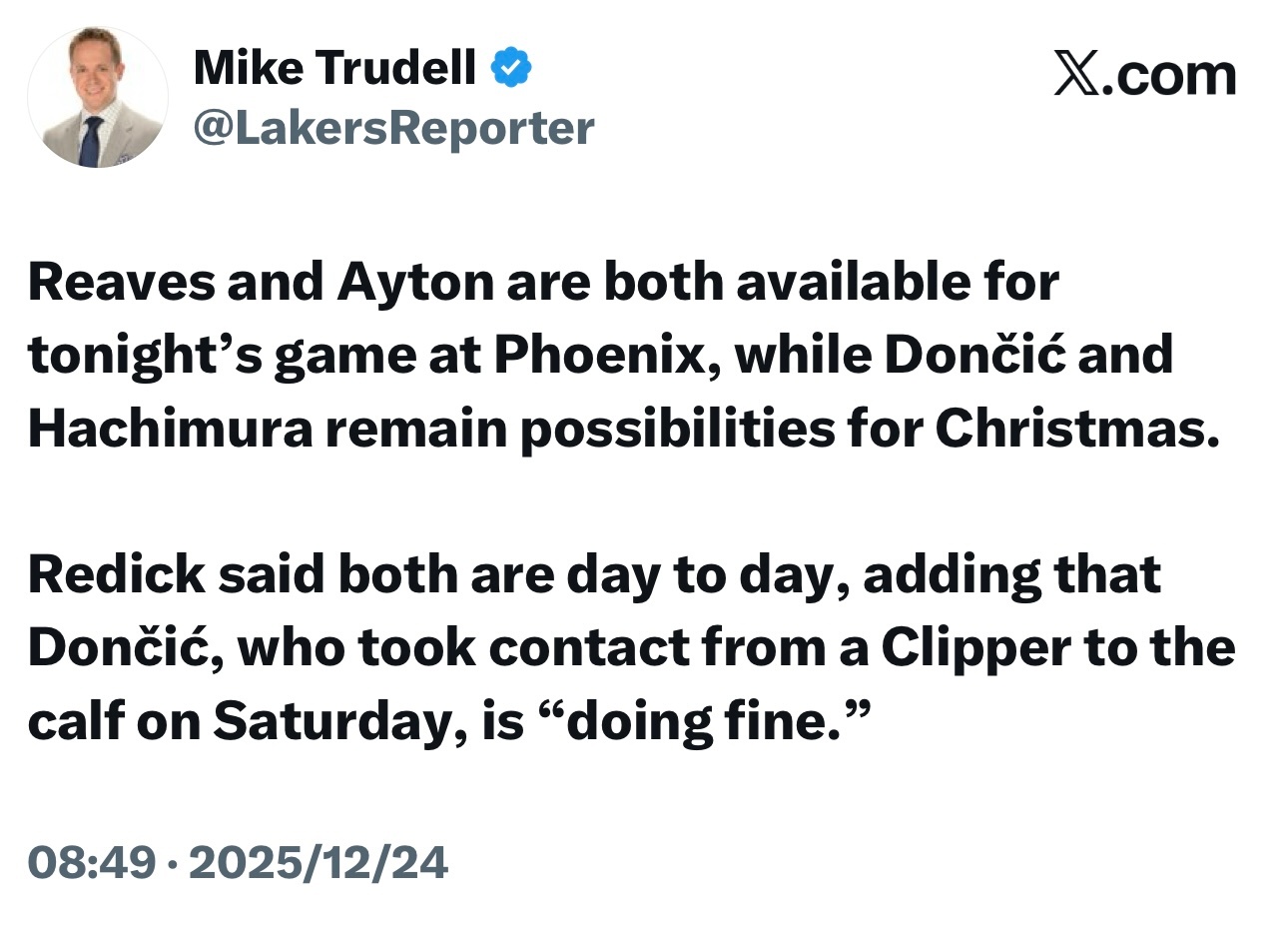 里夫斯与艾顿关键复出迎战强敌，东契奇等核心球星能否亮相圣诞大战将如何影响西部格局？