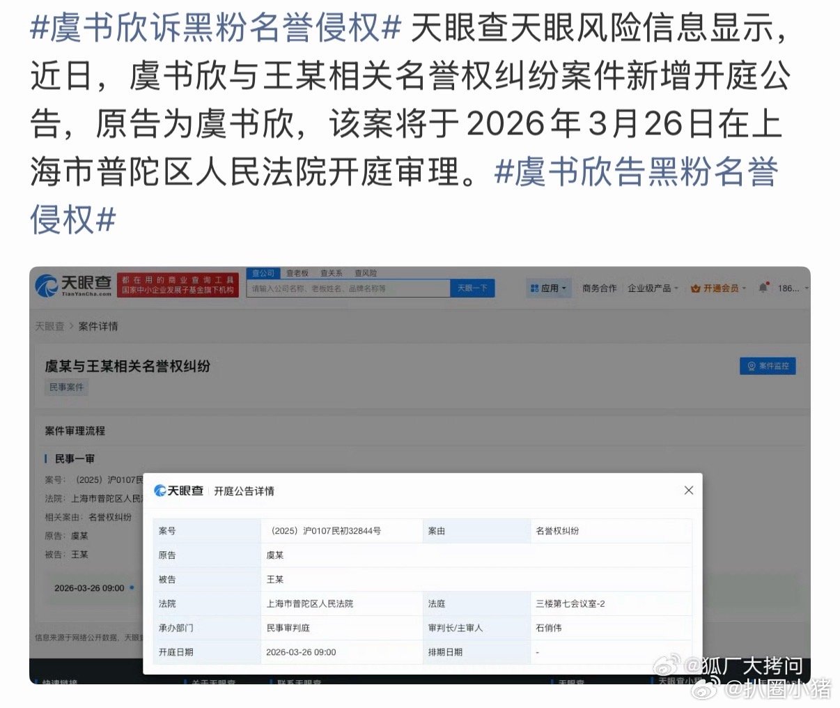 虞书欣起诉黑粉名誉侵权案开庭