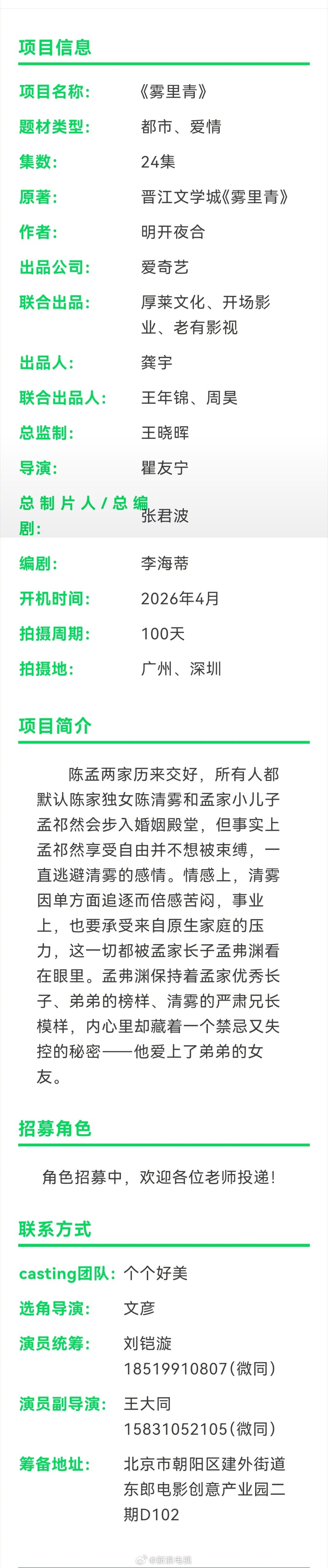 都市爱情剧《雾里青》4月开机，李现张婧仪或主演