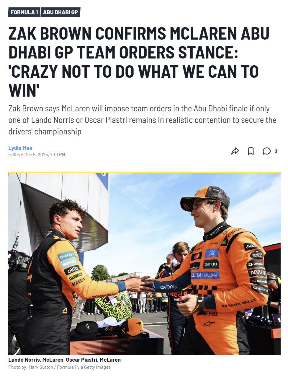 迈凯伦CEO扎克·布朗确认收官战或执行车队指令