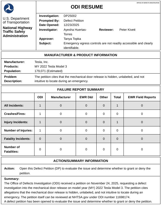 特斯拉Model3车门解锁缺陷遭调查，涉及17.9万辆2022款车型