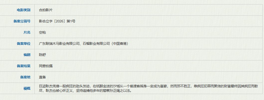 韩延执导《空枪》立项，朱一龙檀健次梁家辉惠英红出演