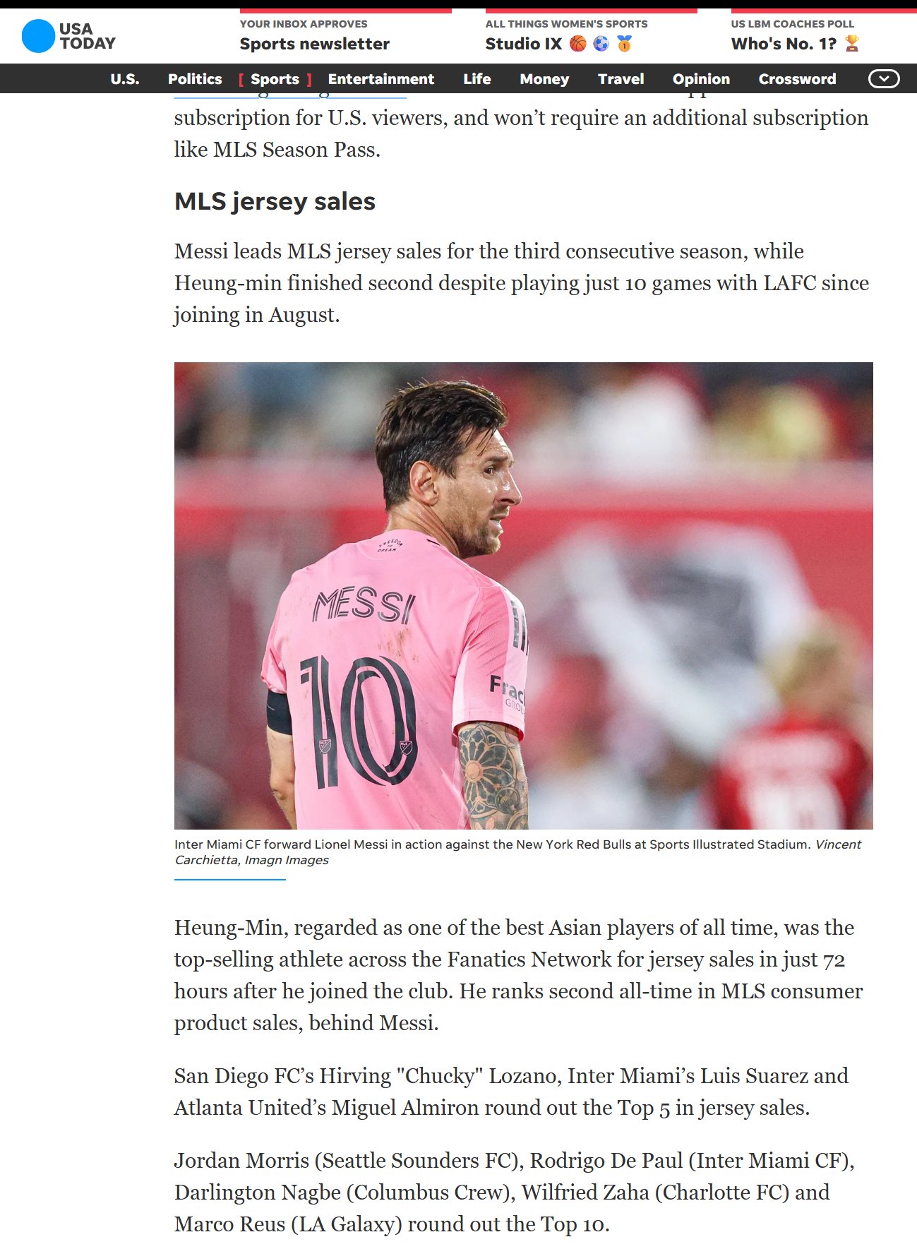 梅西连续三季领跑美职联球衣销量，孙兴慜洛萨诺列二三