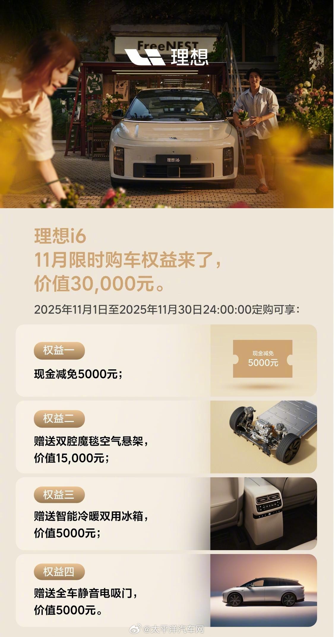 理想i6推11月限时购车权益总价值3万元