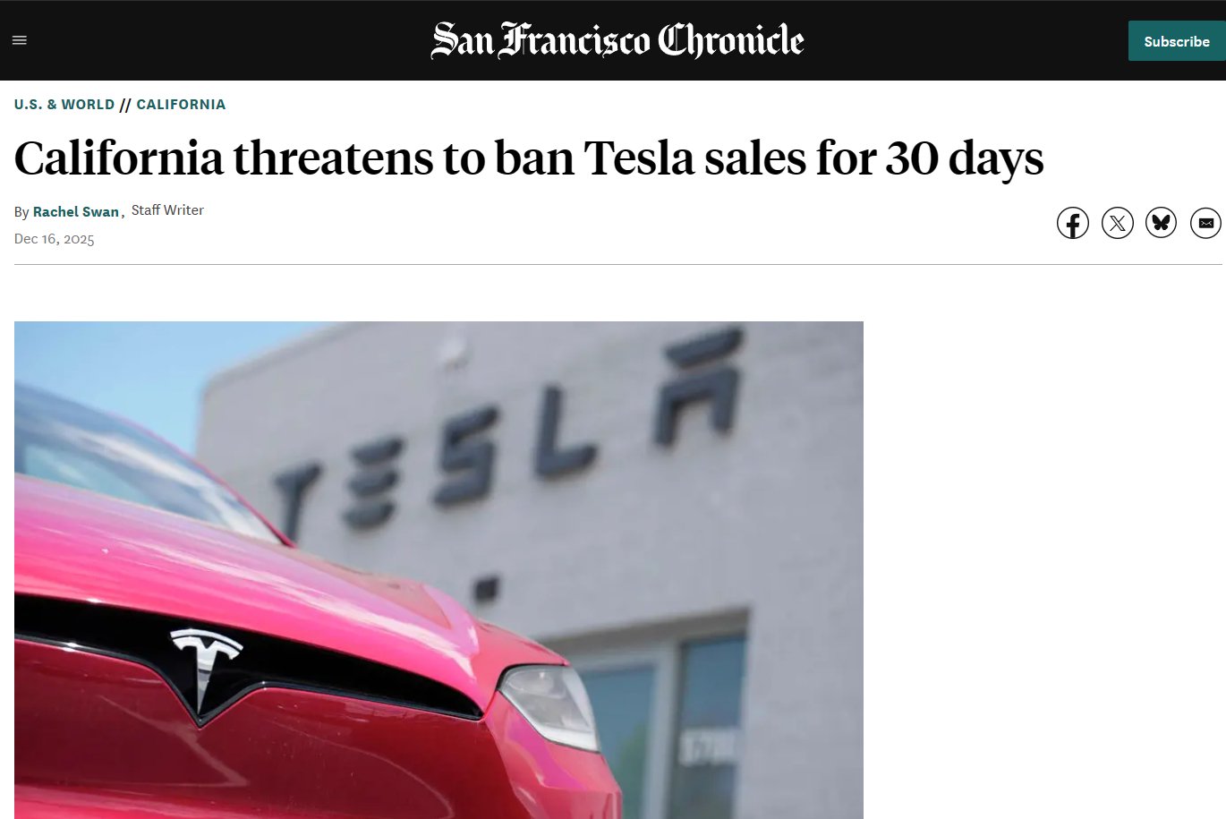 特斯拉因驾驶辅助技术误导消费者在加州面临30天禁售