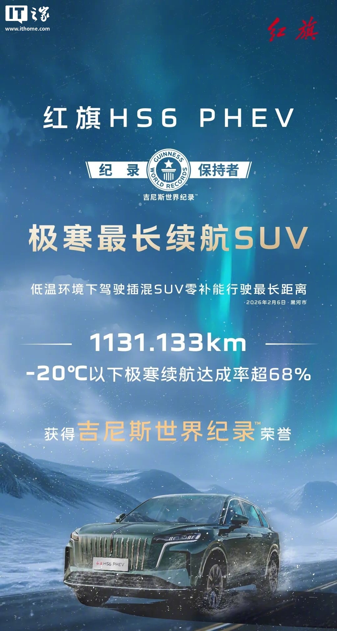 红旗HS6 PHEV极寒续航1131公里创吉尼斯纪录