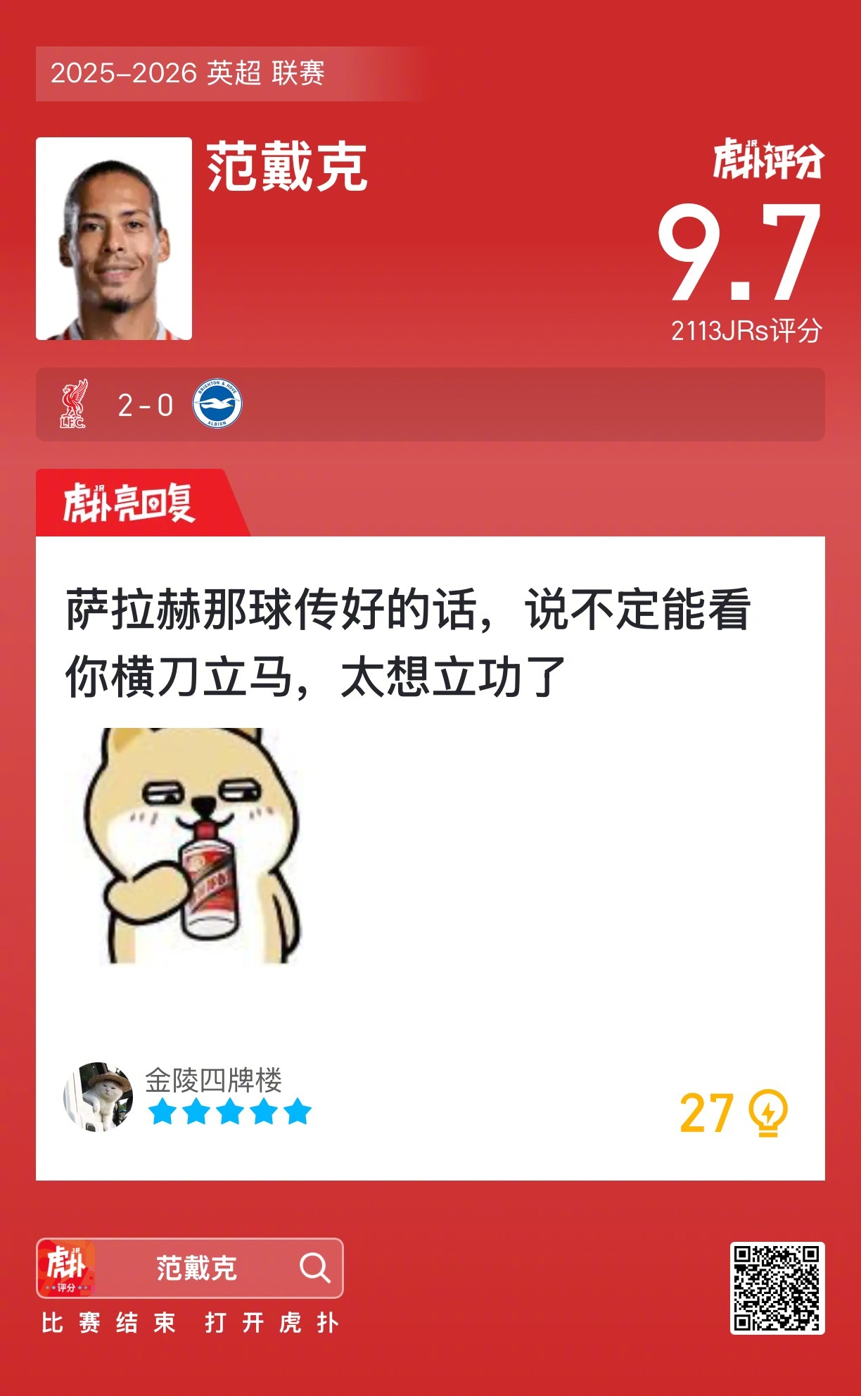 利物浦2比0胜布莱顿，范戴克获评9.7分