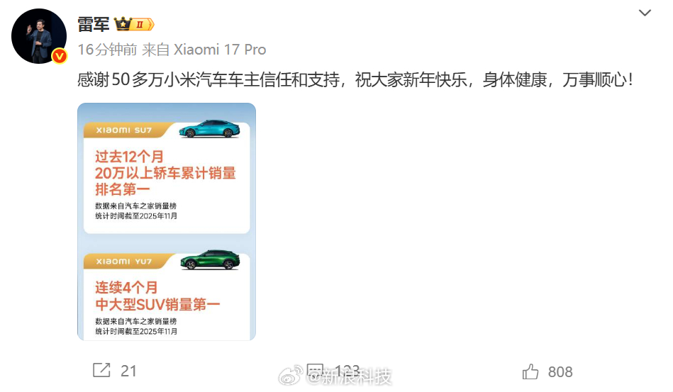 雷军感谢50万小米汽车车主并送上新年祝福