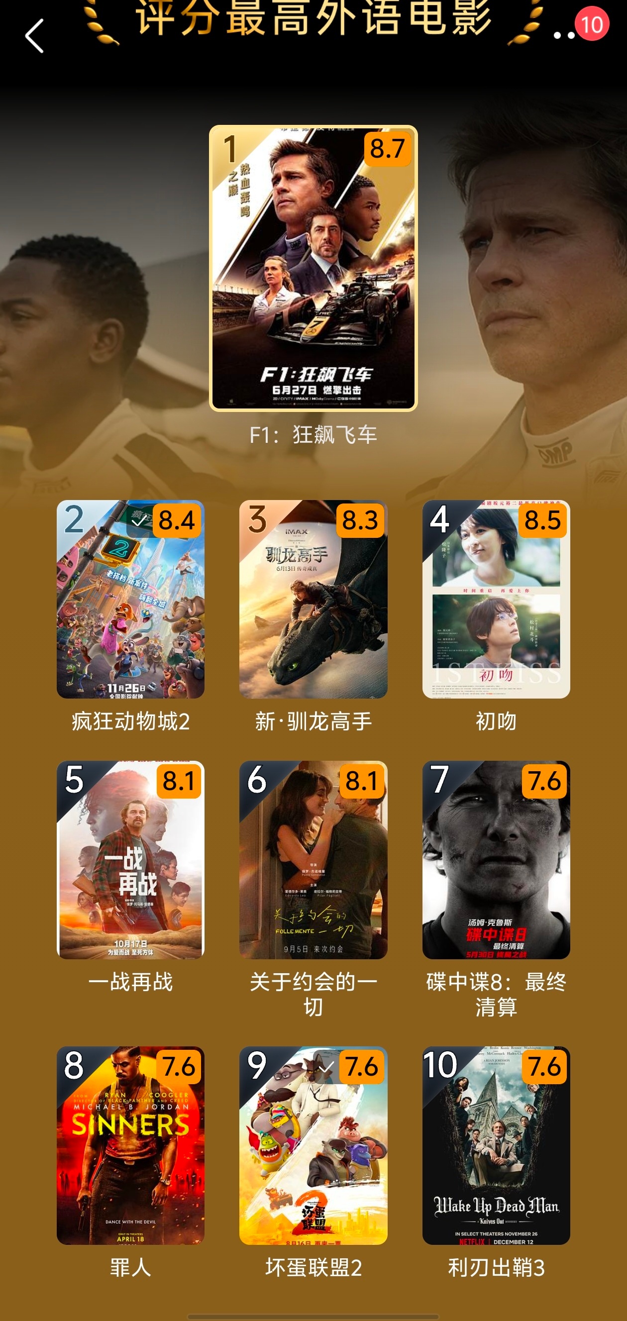 豆瓣2025外语电影评分榜首《f1狂飙飞车》夺冠