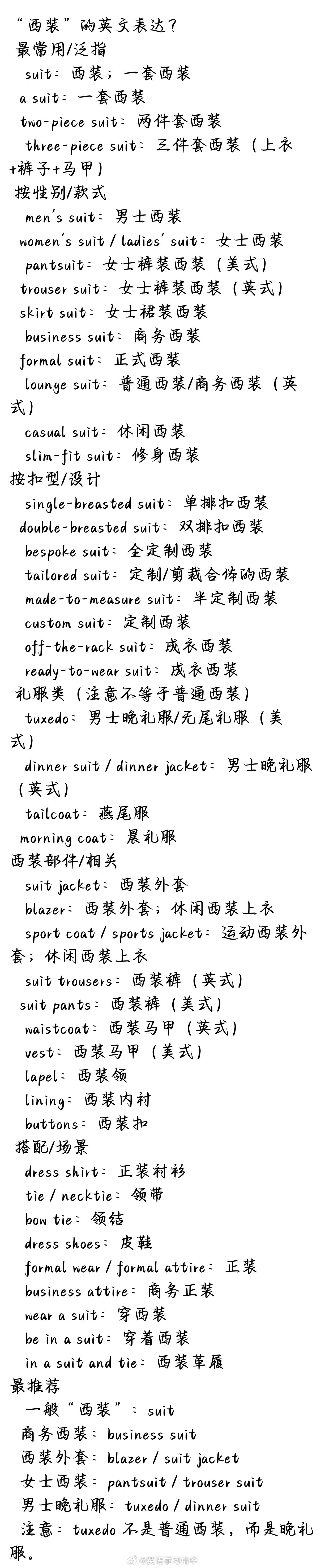 张若昀飞天奖黑西装，西装的最全英文表达