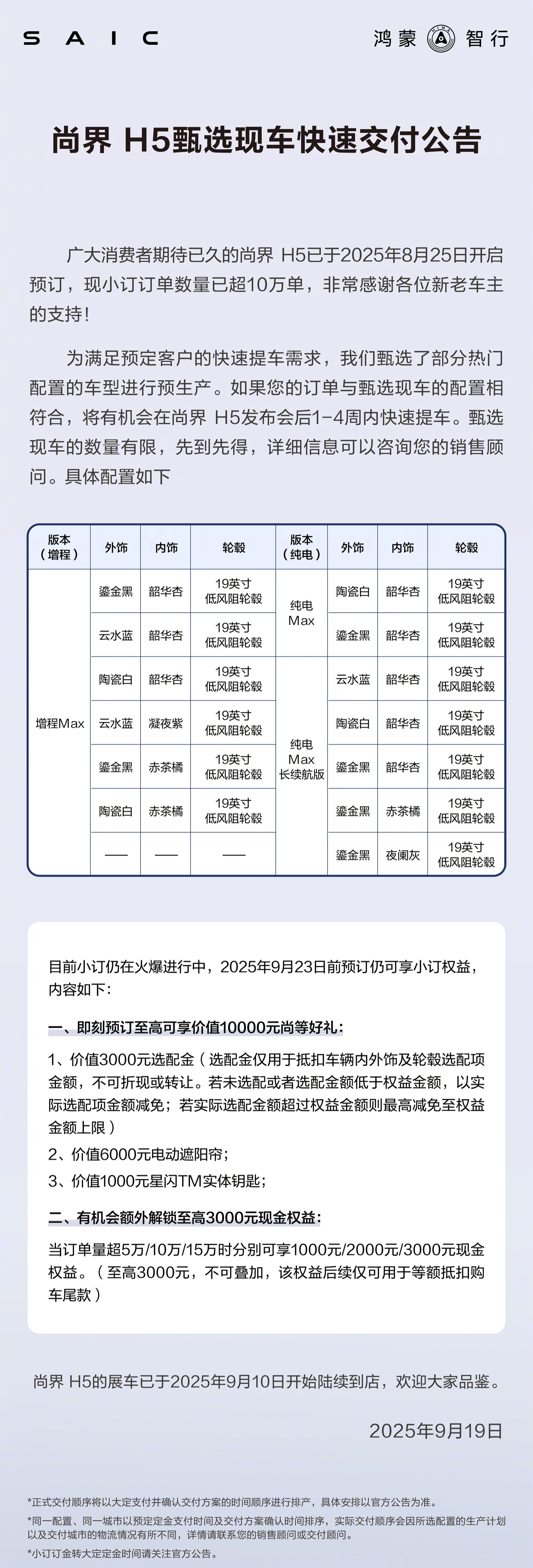 鸿蒙智行H5部分车型预生产，匹配订单可1-4周提车