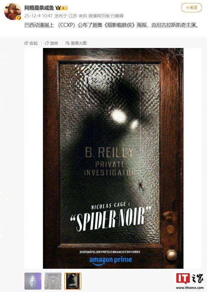 漫威《暗影蜘蛛侠》首曝海报，尼古拉斯・凯奇主演明年上线