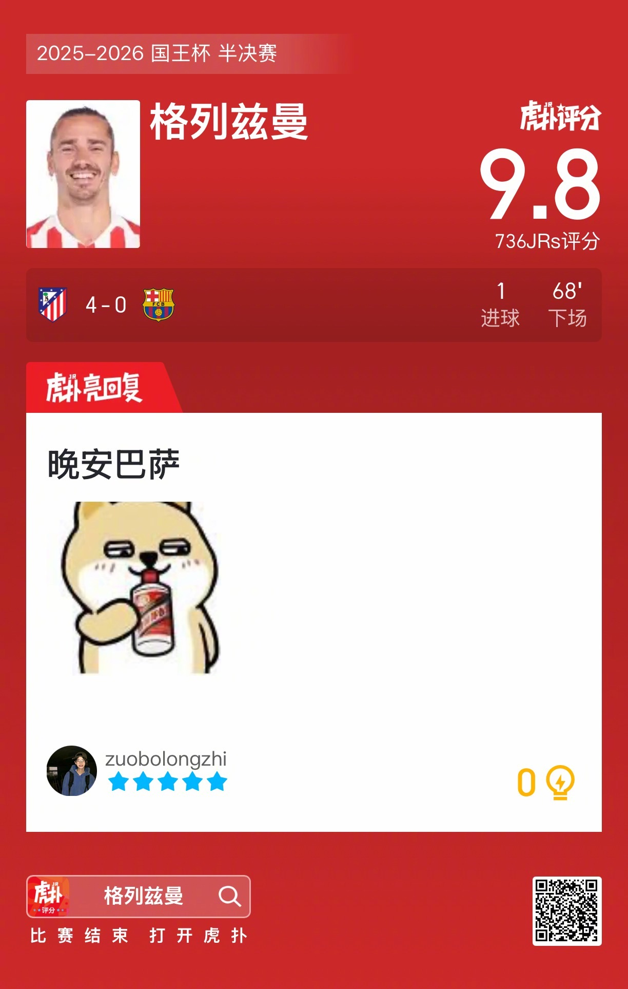 马竞4比0大胜巴萨，格列兹曼破门