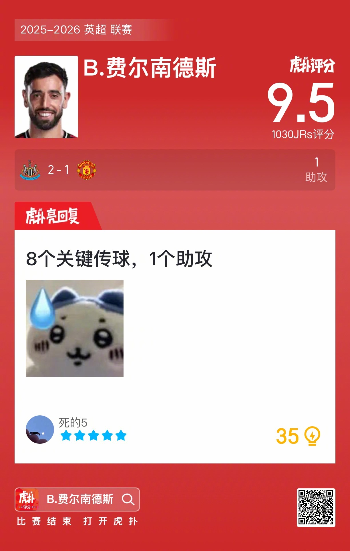 纽卡斯尔联2比1胜曼联，B费助攻获9.5分