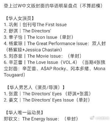 W中文版封面华语明星盘点，巩俐舒淇章子怡杨紫琼刘亦菲等登封