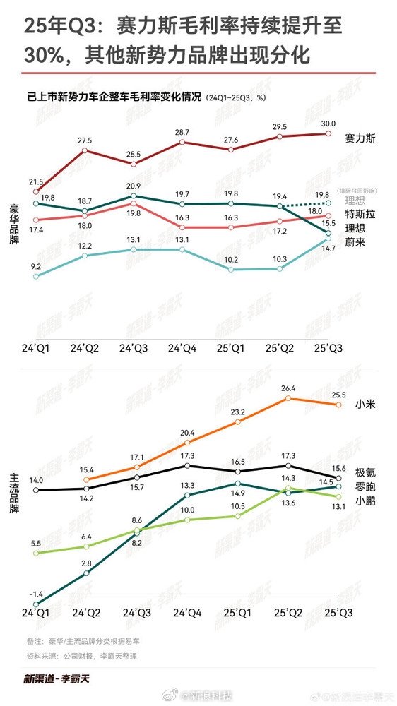 赛力斯问界以30%毛利率领跑中国新能源车企，小米增速显著