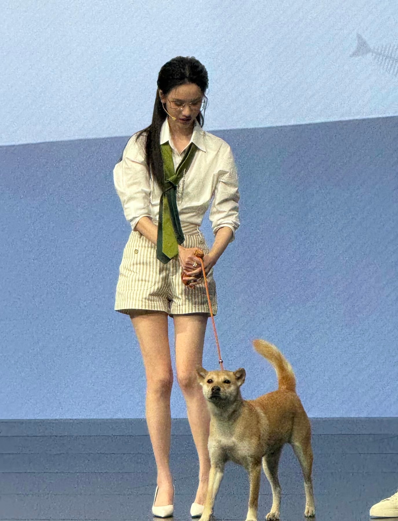 陈都灵活动牵狗亮相，戴眼镜造型引热议