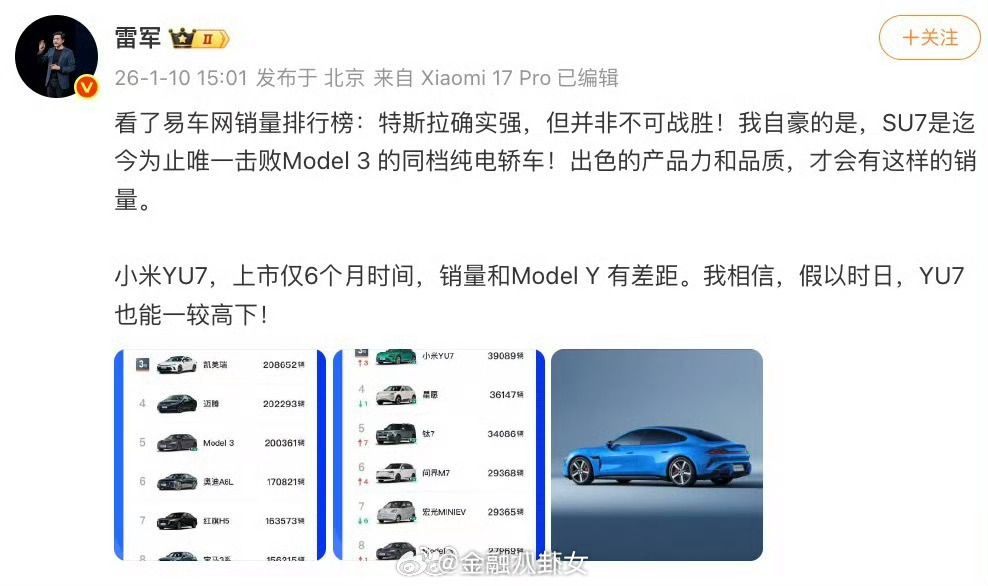 雷军称特斯拉并非不可战胜，小米汽车2025年销量目标41.1万辆