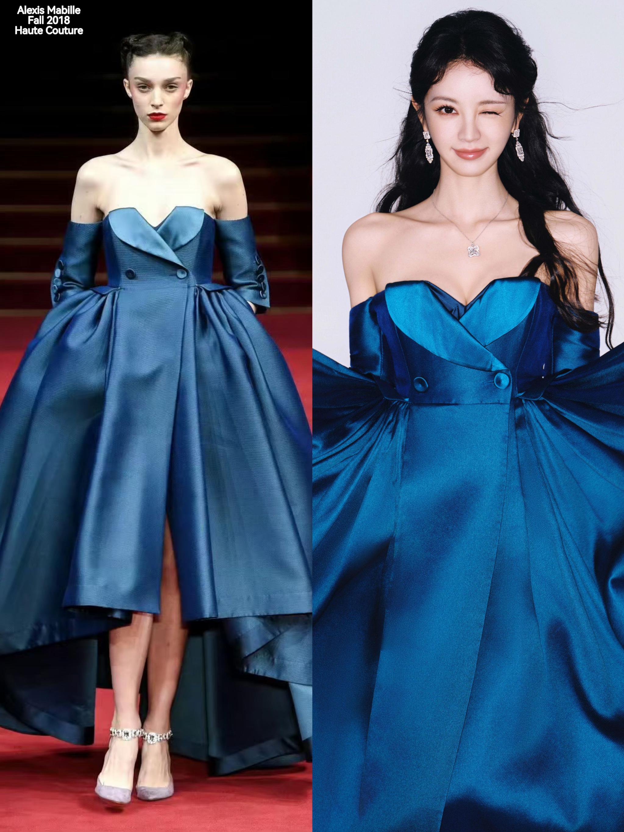 田曦薇星光大赏亮相，蓝色长裙与金色礼服吸睛