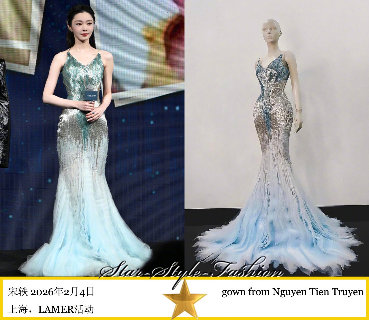 宋轶穿银蓝堆纱长裙亮相