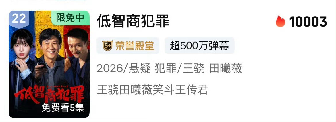 田曦薇主演《低智商犯罪》热度破万，成爱奇艺三部破万剧女主