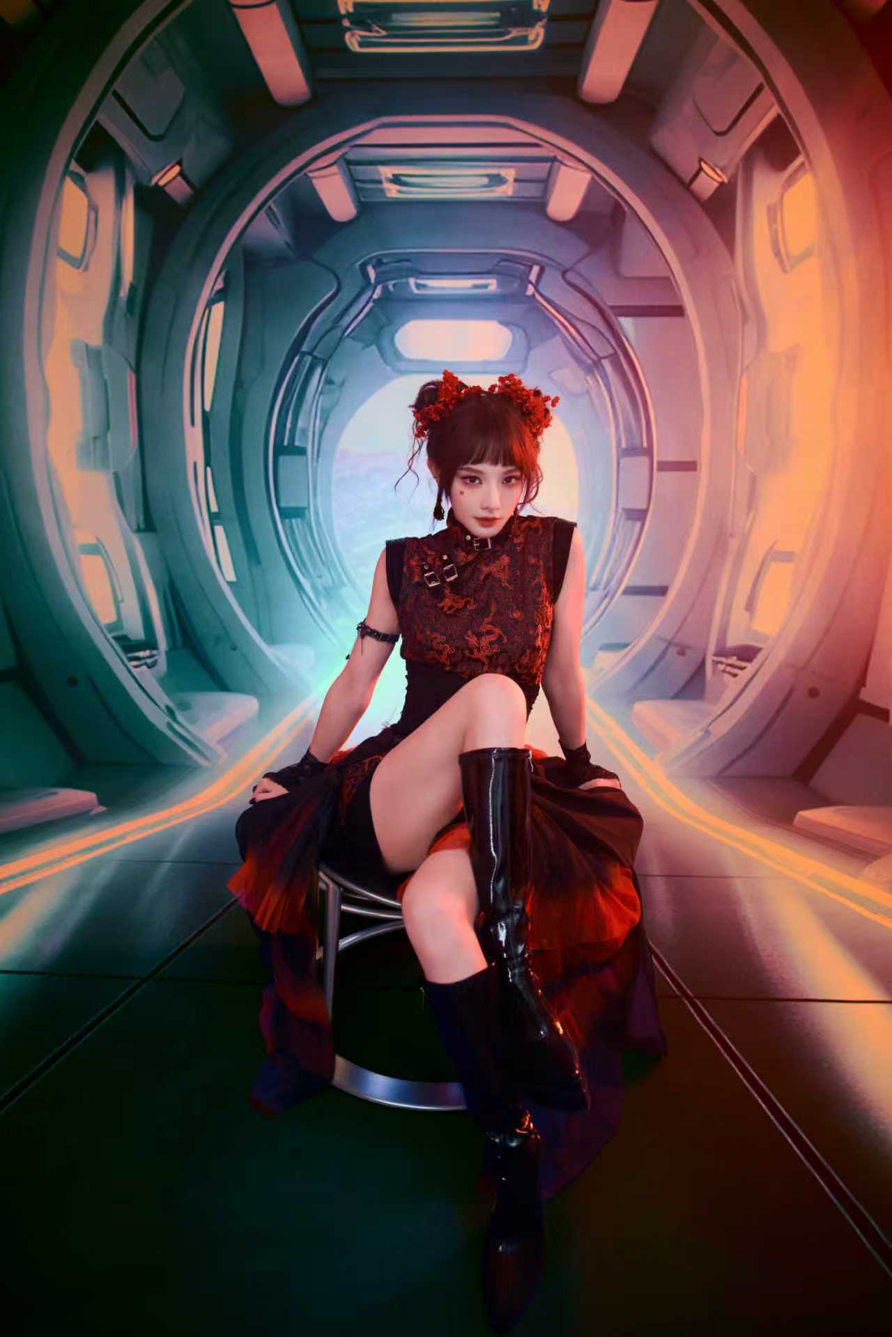 彭小苒cos春丽穿新中式旗袍，双丸子头活力十足