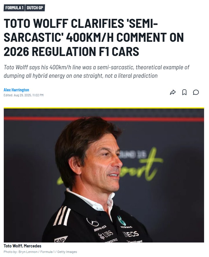 沃尔夫称2026赛季F1赛车时速或达400公里，维斯塔潘等车手回应