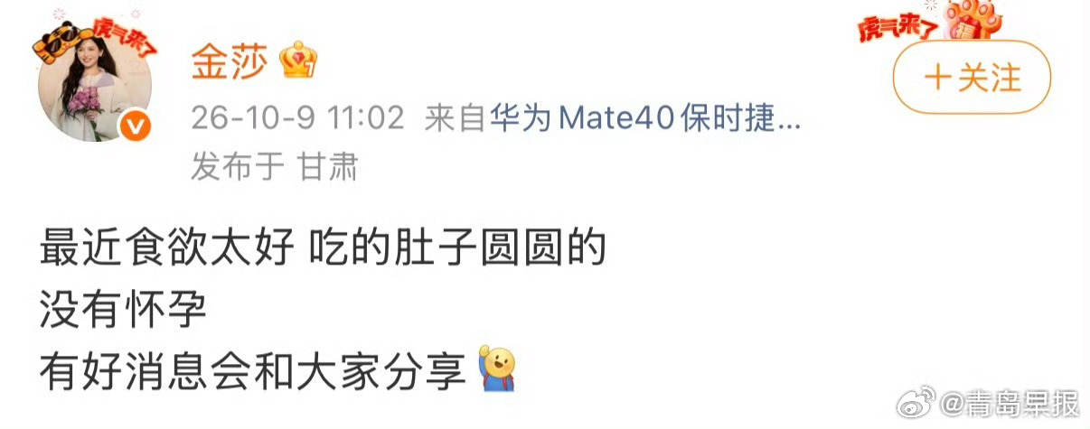 金莎发文辟谣怀孕，称食欲太好肚子圆