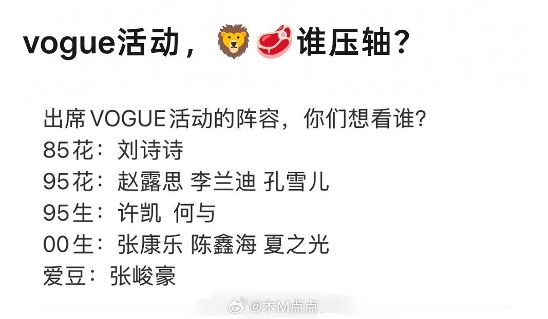 vogue活动压轴阵容公布，刘诗诗领衔85花赵露思许凯等亮相