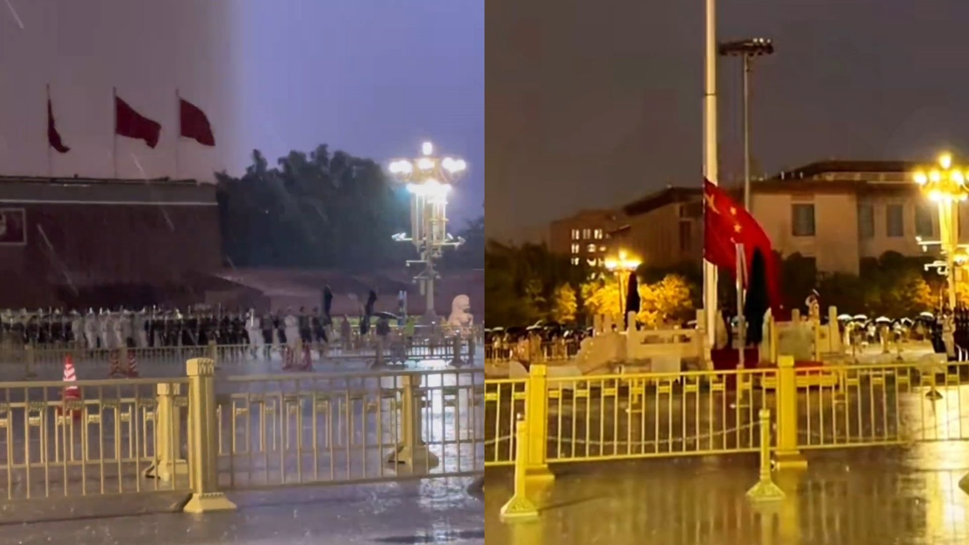 天安门降旗仪式遇雷电交加