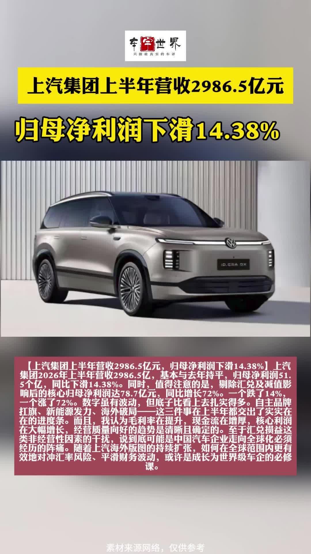 上汽集团上半年营收2986.5亿元，归母净利润下滑14.38%