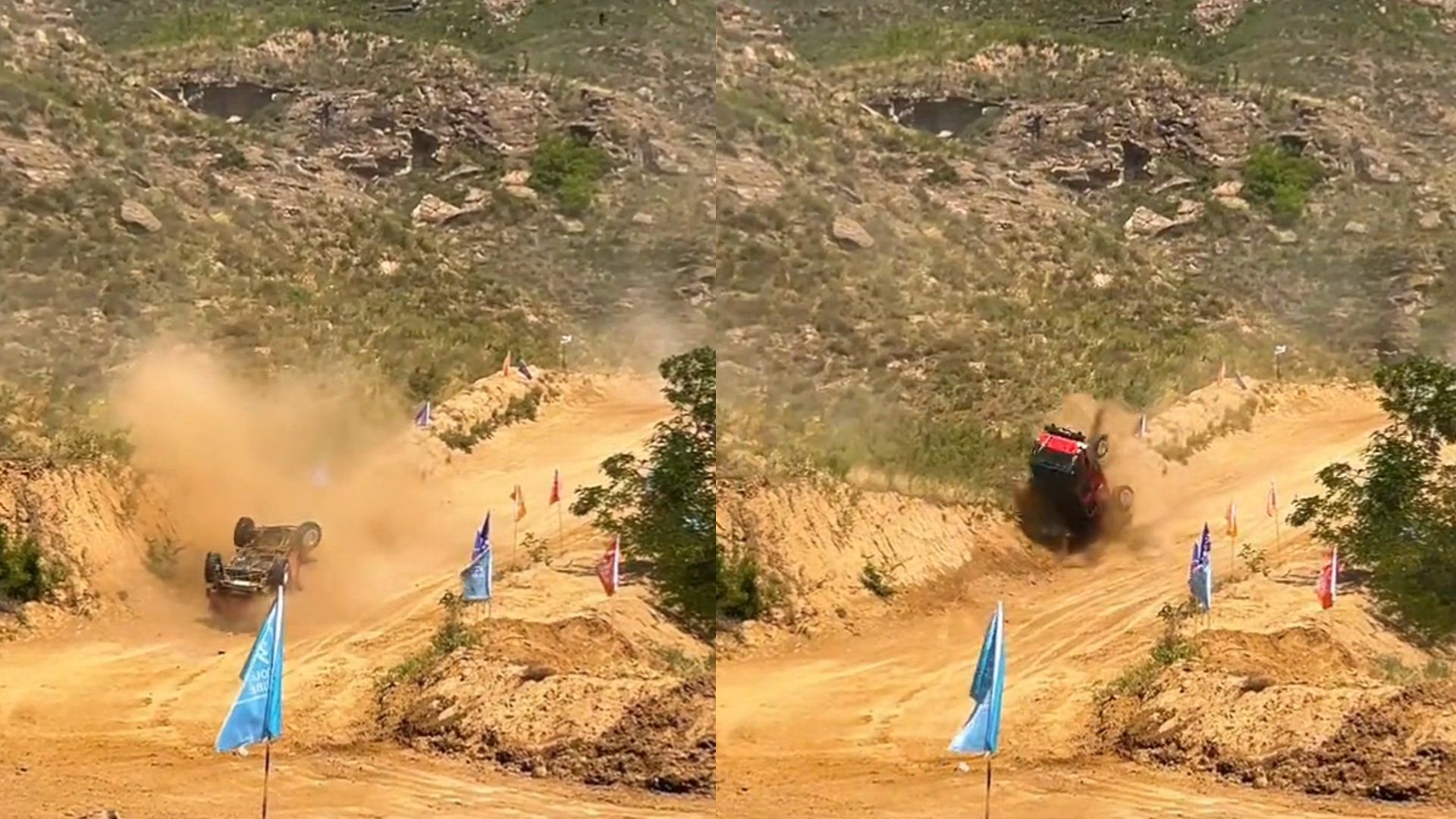 越野挑战赛突发事故，牧马人“起飞失败”，车头着地翻滚一圈半