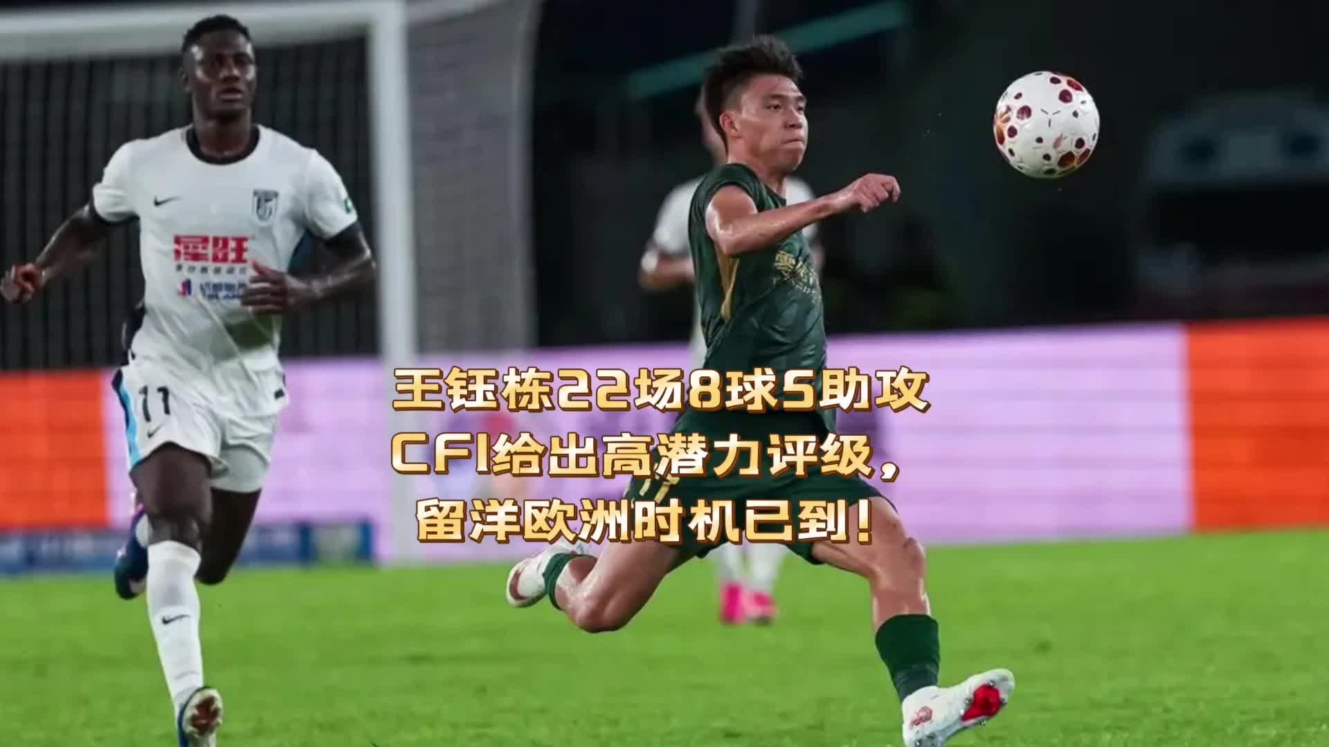 王钰栋22场8球5助！CFI给出高潜力评级，留洋欧洲的时机已到！