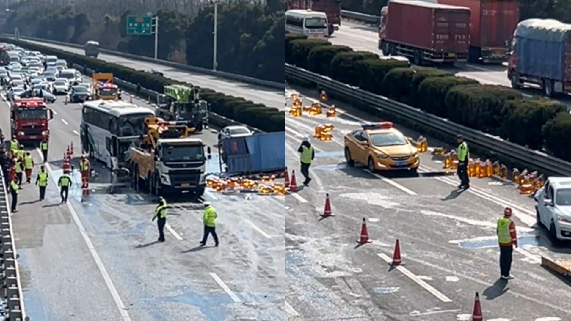 沪蓉高速多车发生碰撞！一货车侧翻食用油洒在路上